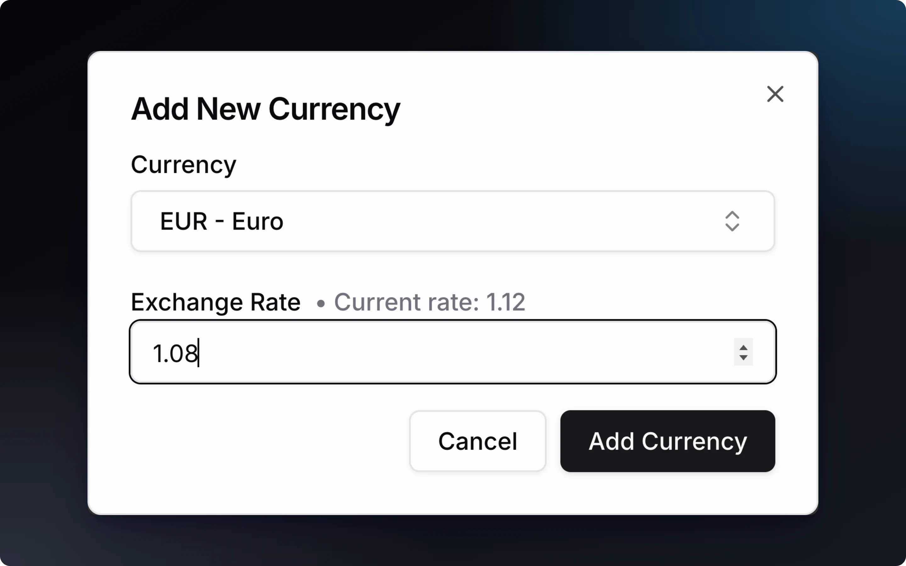 Add New Currency dialog with EUR selected and a custom exchange rate