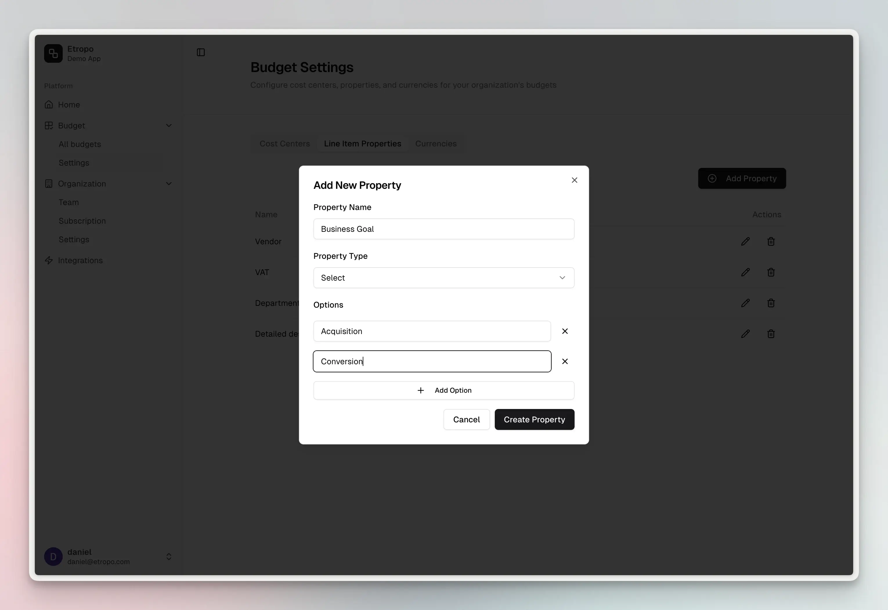 Adding Properties in Etropo