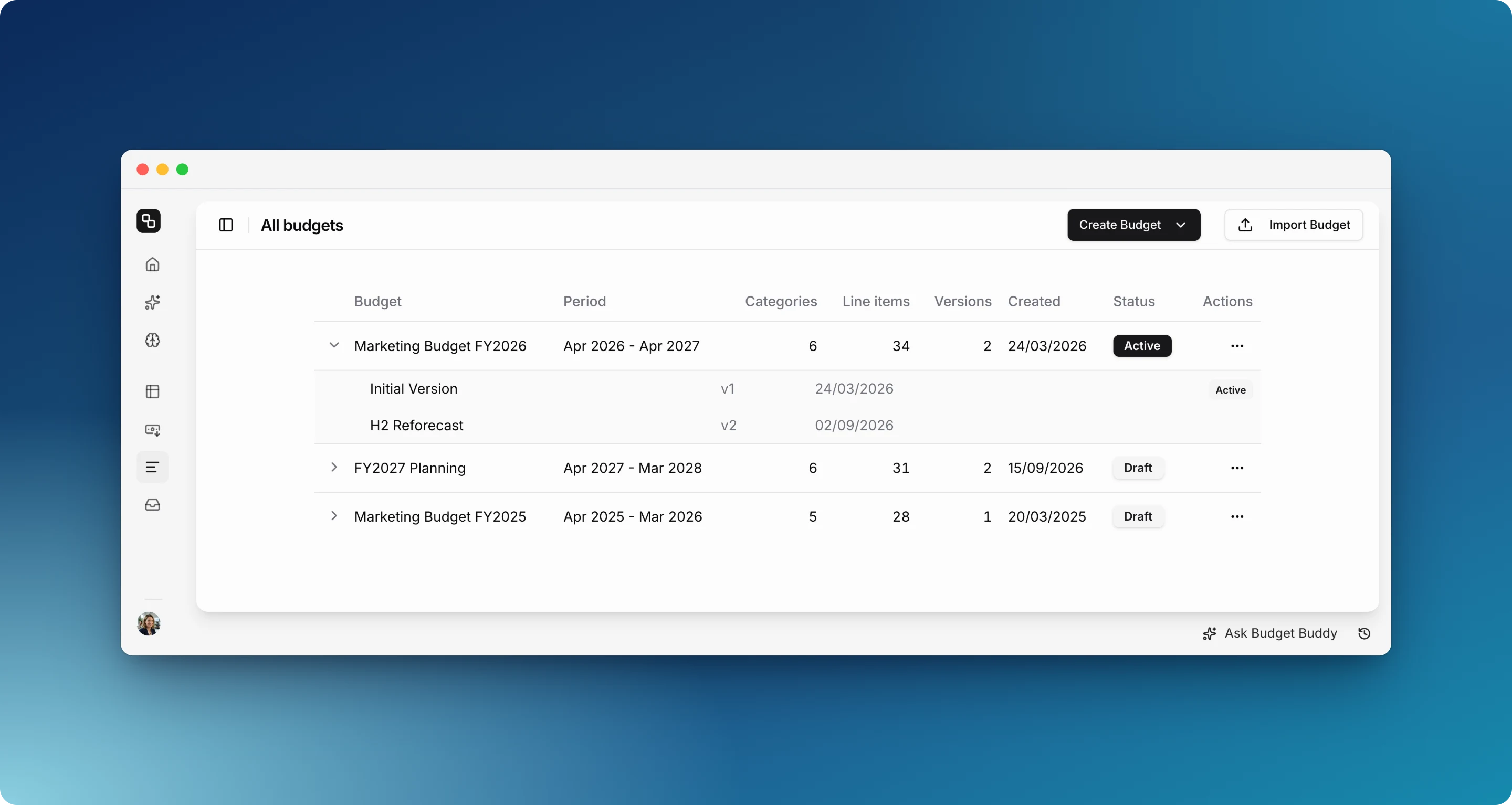 All budgets page with three budgets, one expanded to show its two versions