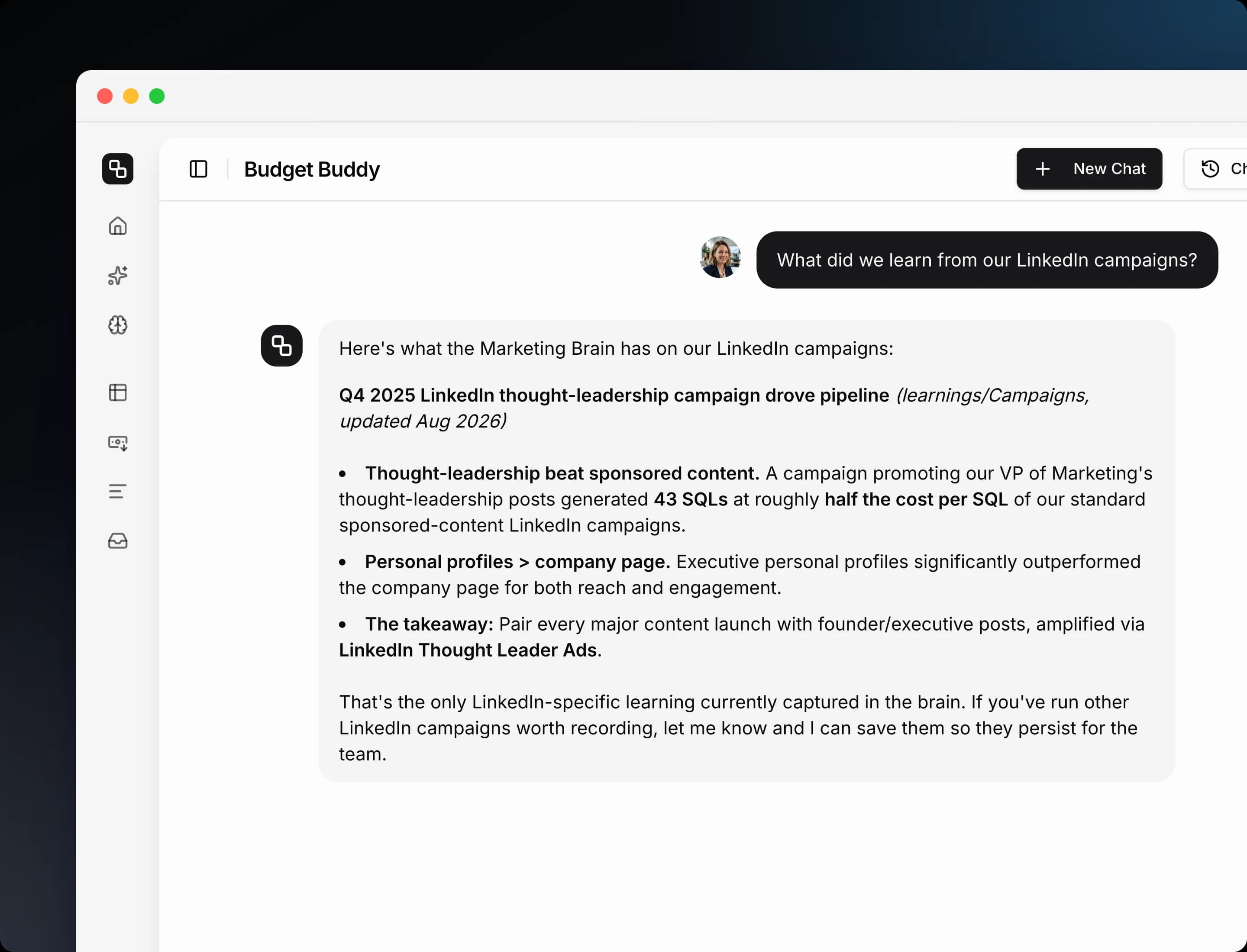 Budget Buddy summarizing a Marketing Brain learning about a Q4 2025 LinkedIn thought-leadership campaign