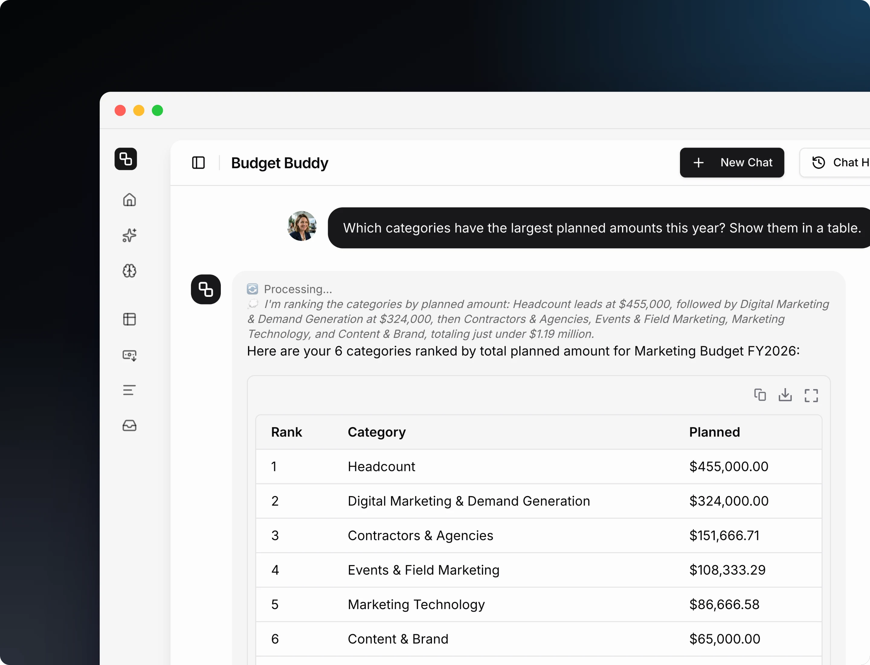 Budget Buddy answering a question with a table of categories ranked by planned amount