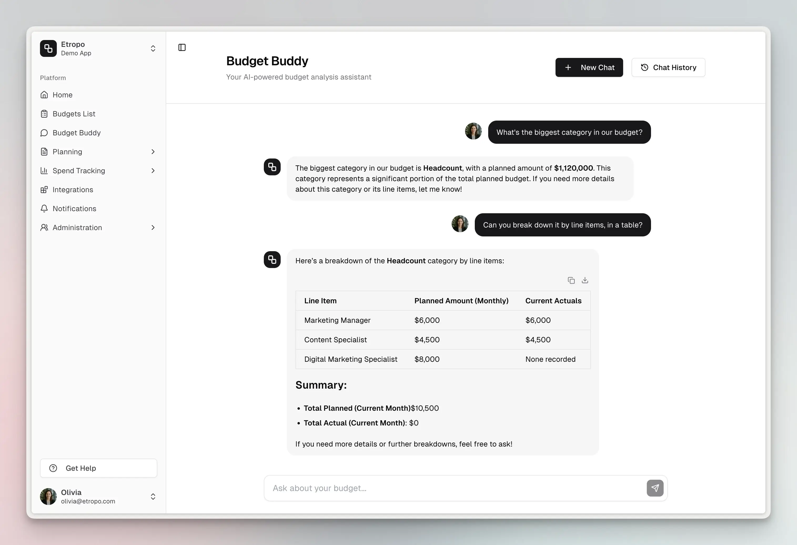 Budget Buddy AI assistant answering natural language queries