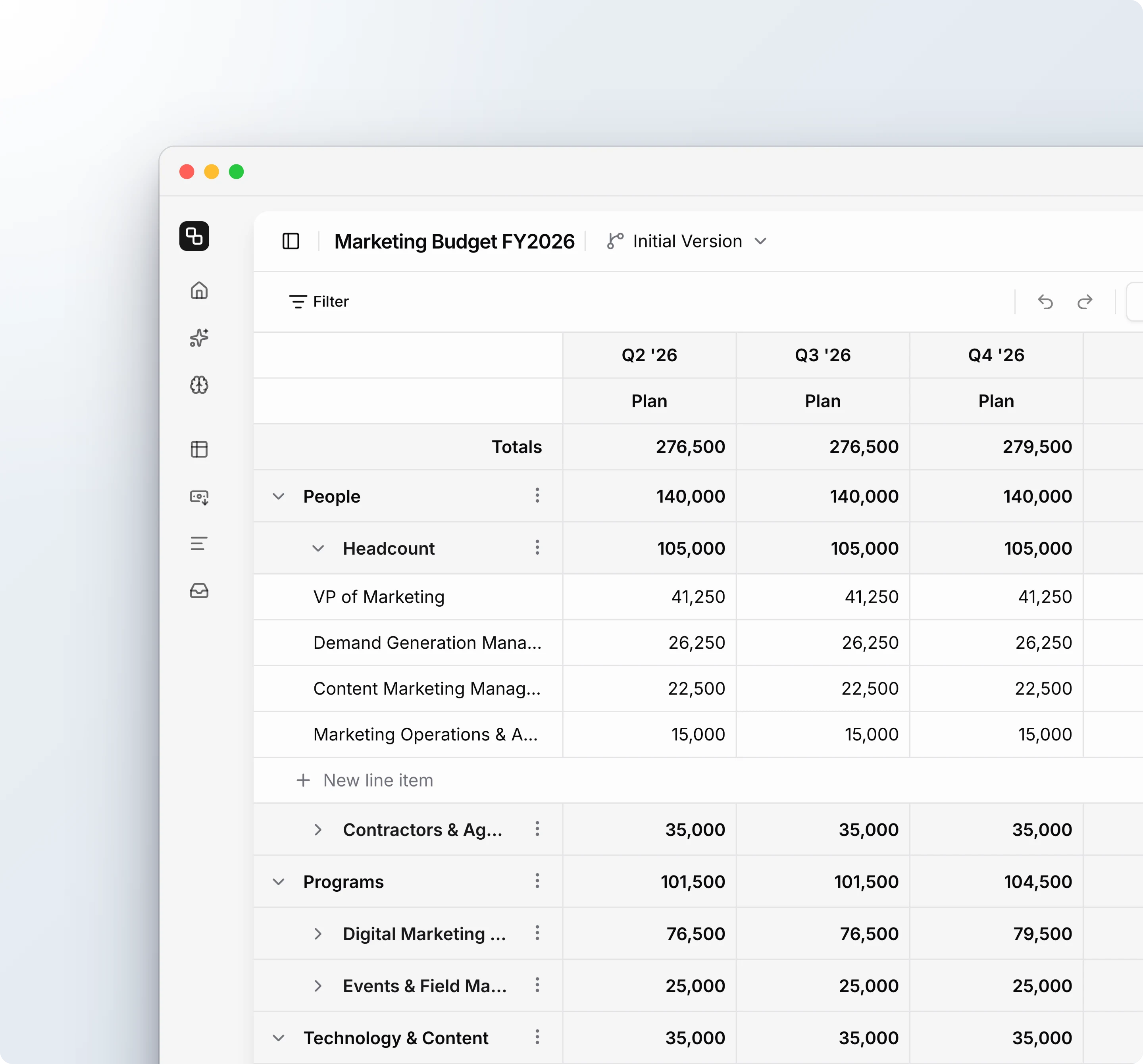 Budget Editor in quarterly view with master categories, categories, and line items