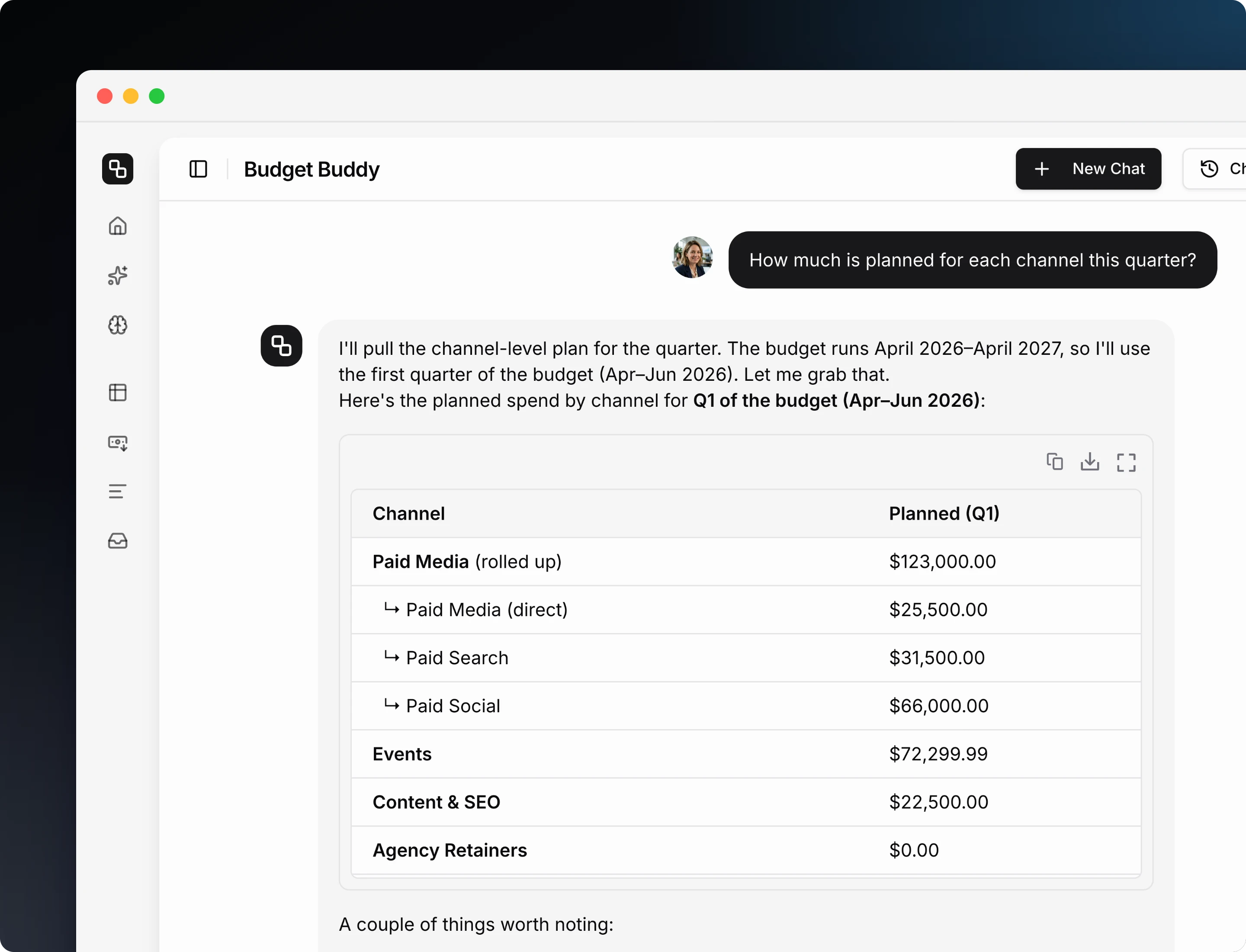 Budget Buddy showing planned amounts and actuals per channel for the quarter, with Paid Search and Paid Social rolled up into Paid Media