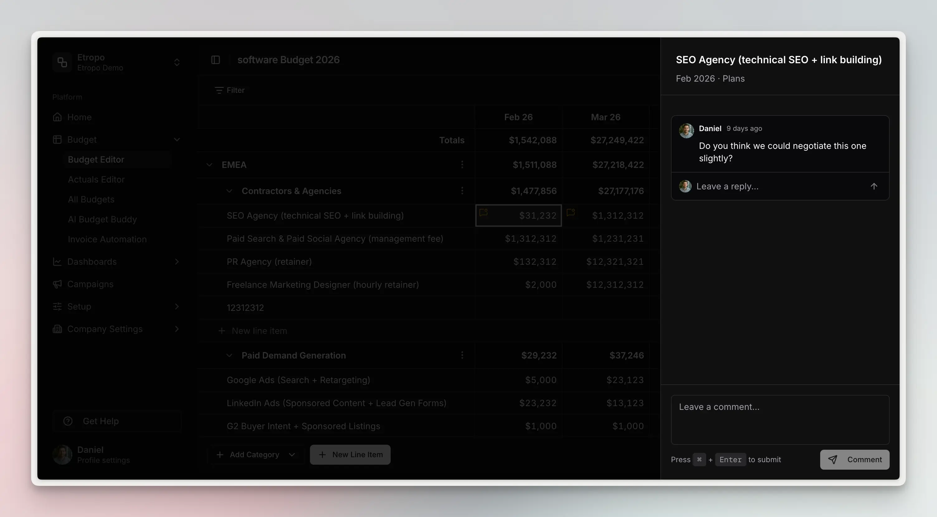 Threaded comments on budget line items