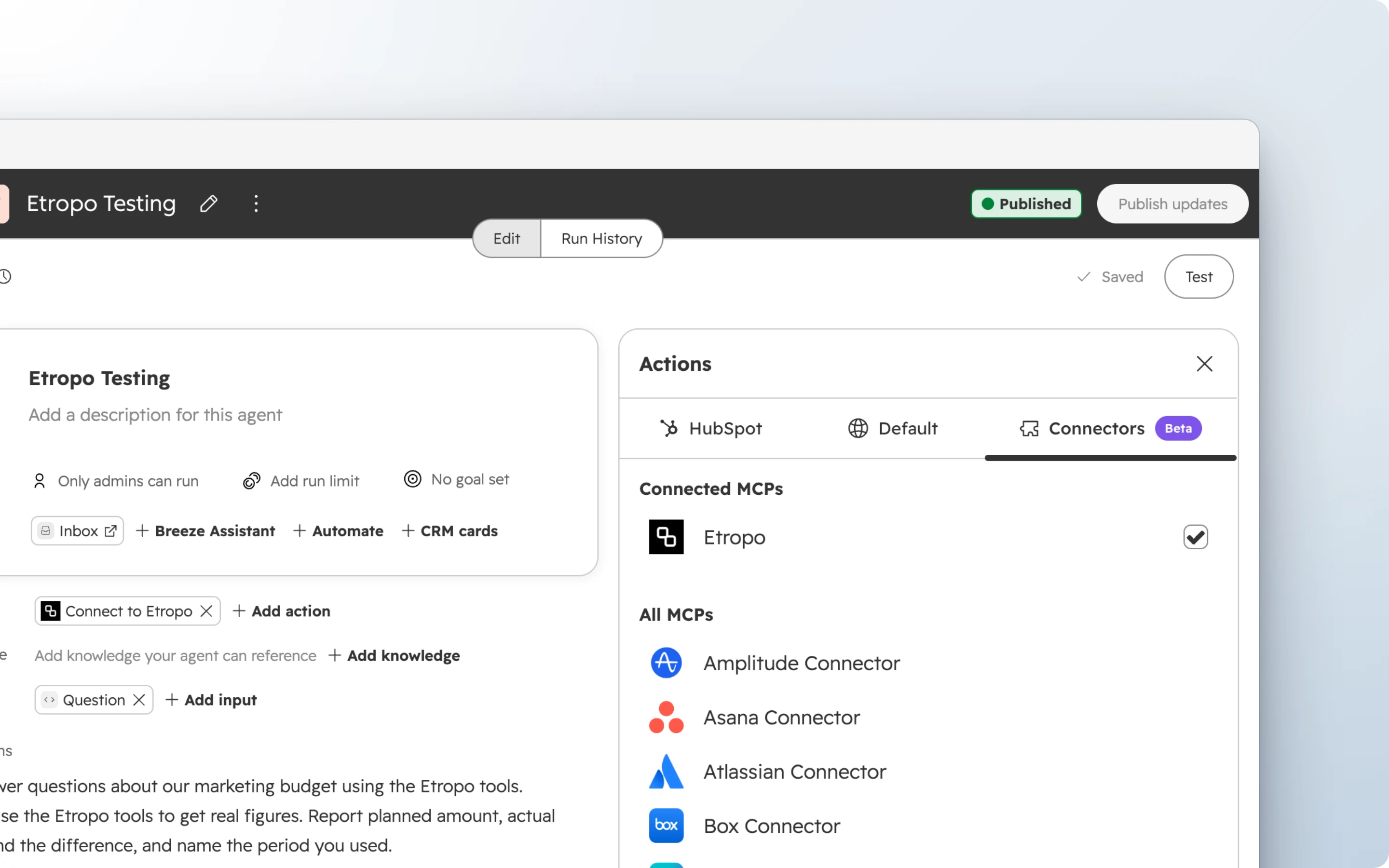 The Connectors tab of the Actions picker in HubSpot Agent Builder, with the Connect to Etropo action on the agent and Etropo under Connected MCPs