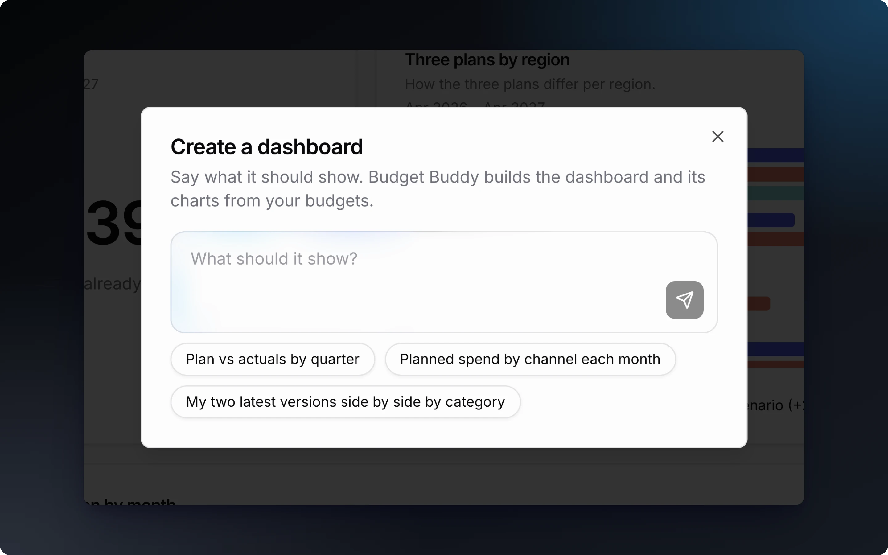 The Create a dashboard dialog with the question "What should it show?" and three example requests