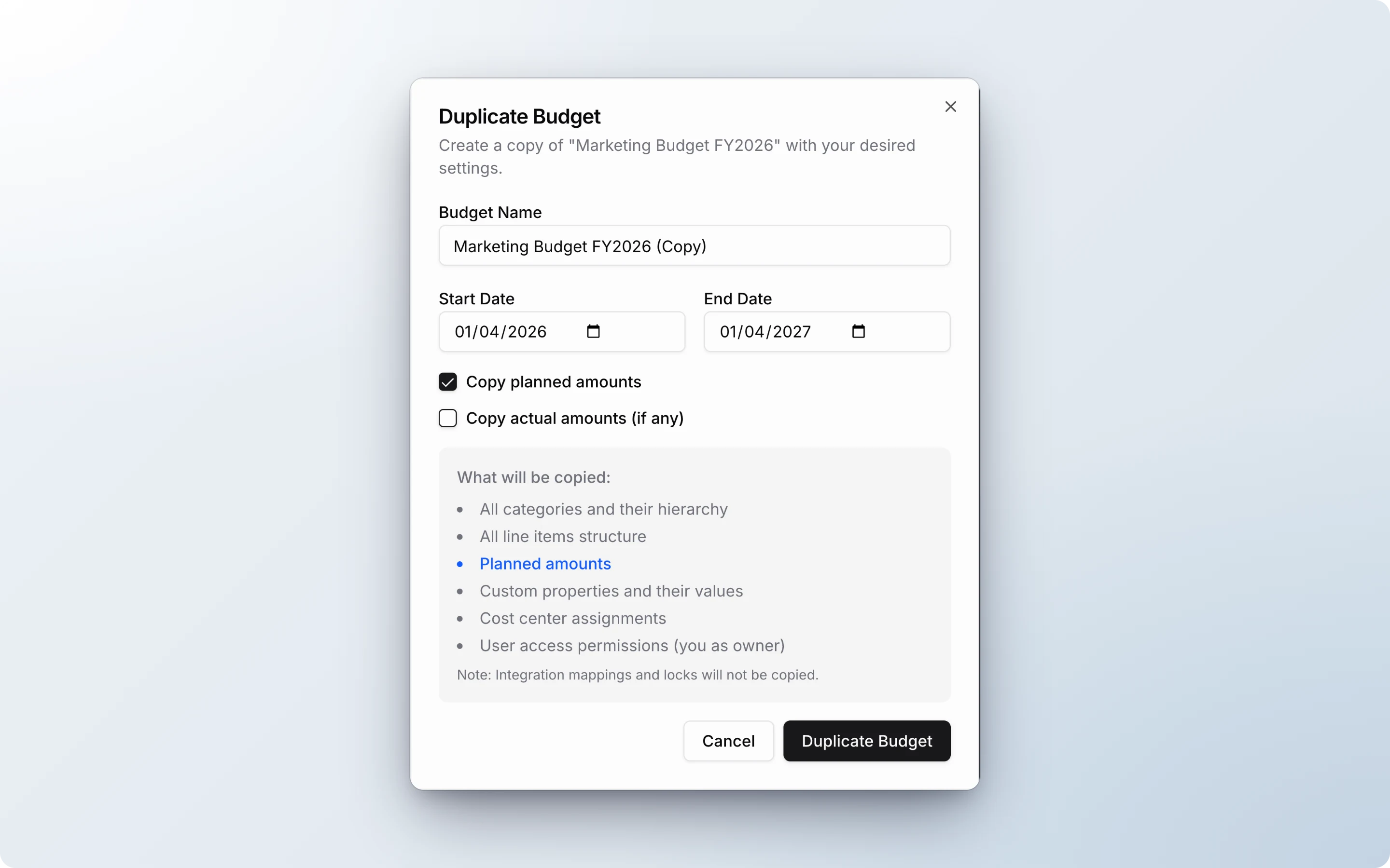 Duplicate Budget dialog with the name, dates and copy options