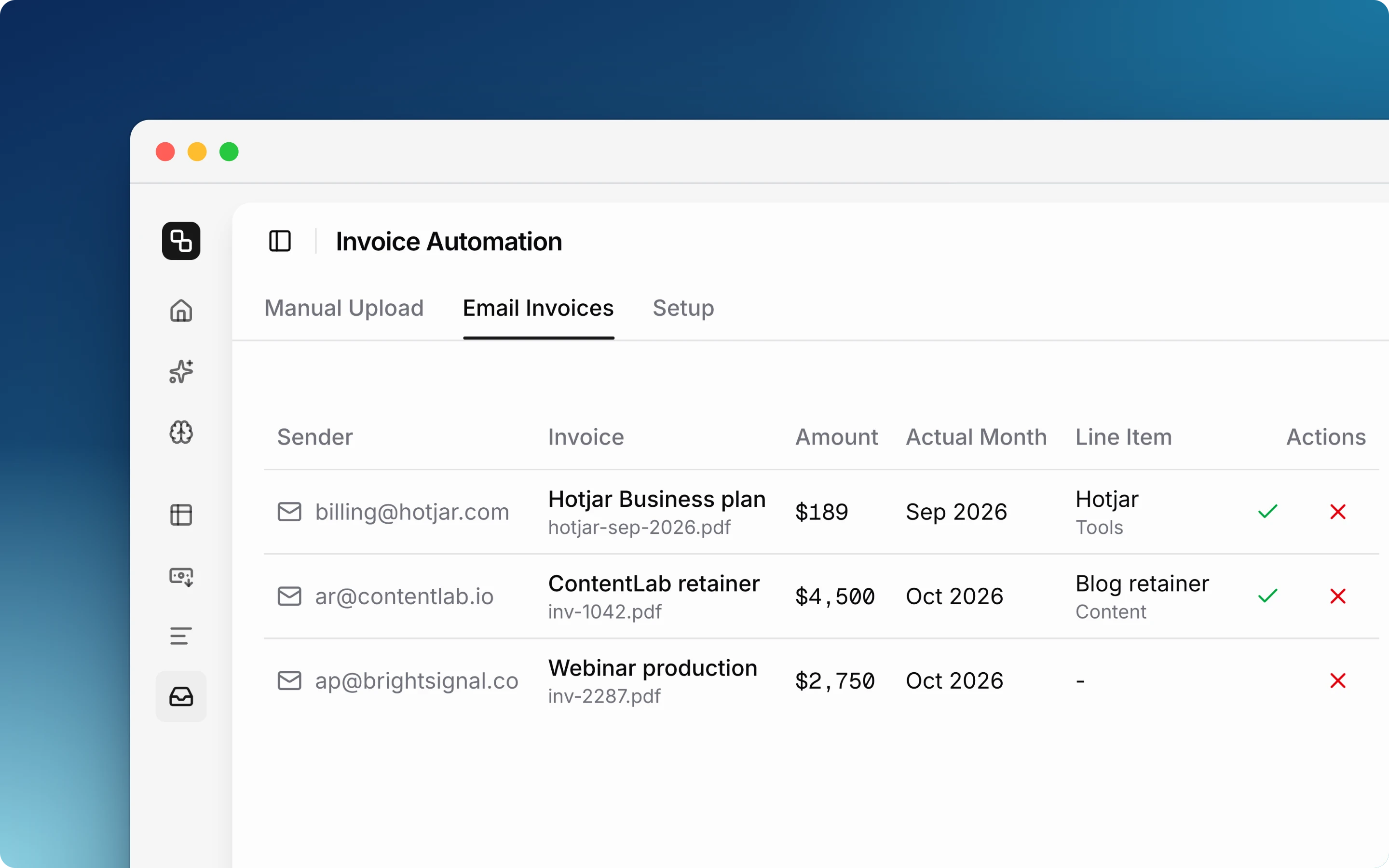 The Email Invoices tab with three invoices waiting for review, one without a matched line item