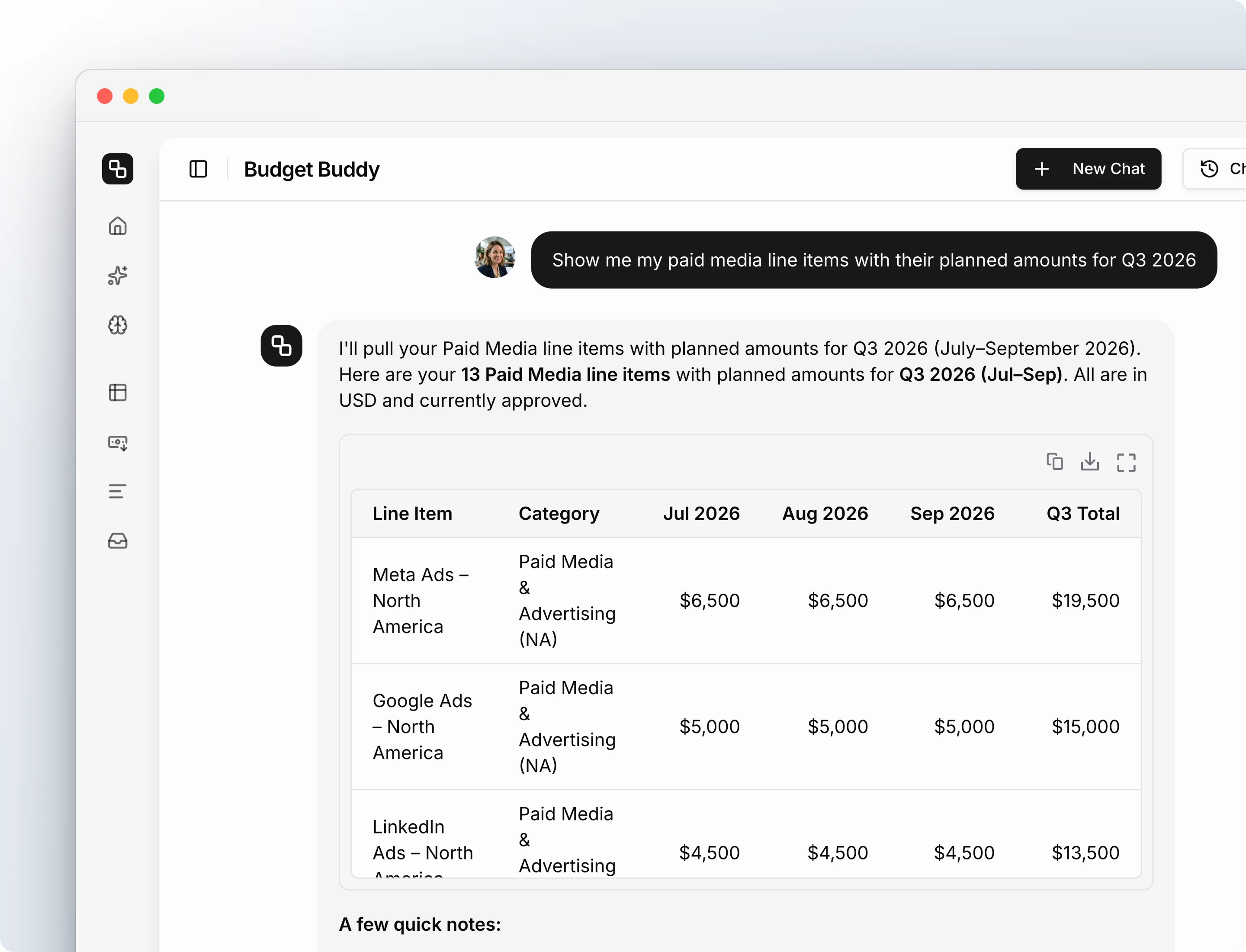 Budget Buddy listing paid media line items with their planned amounts for July, August and September 2026 and a Q3 total
