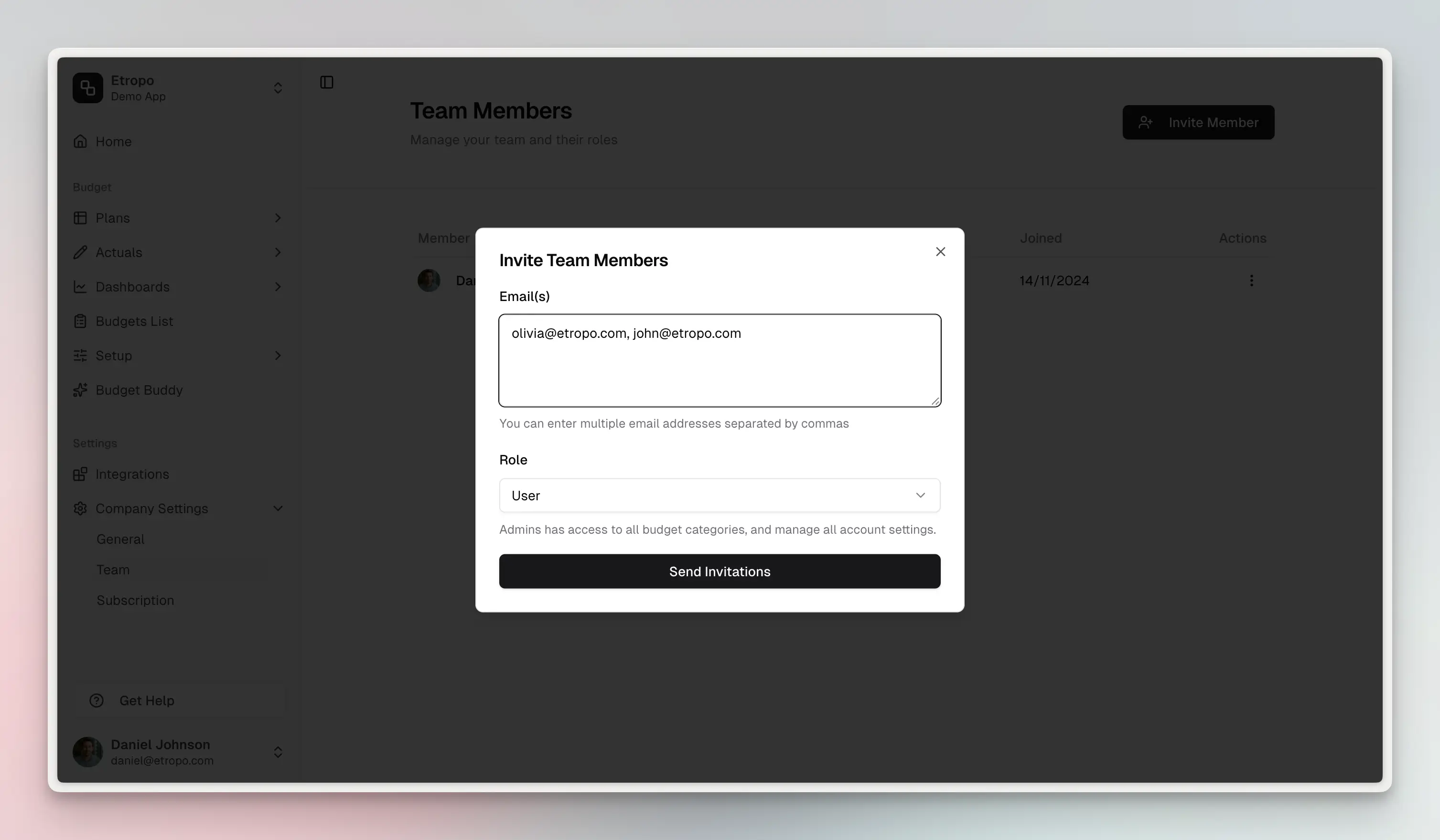 Invite team member modal