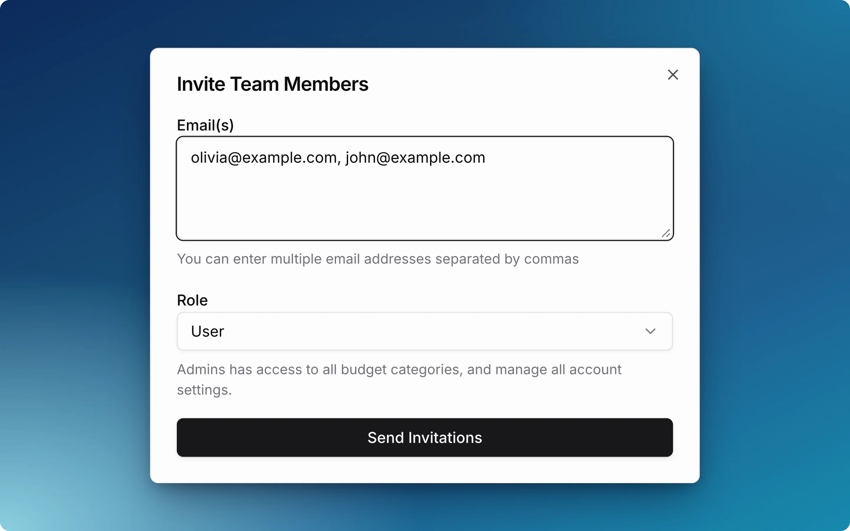 Invite Team Members dialog with two email addresses entered and the role set to User