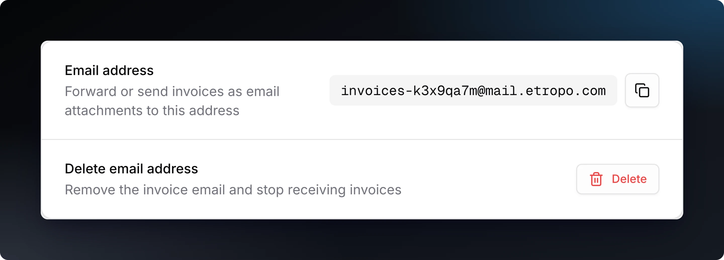 The Setup tab with the organization's invoice email address, a copy button and a Delete row