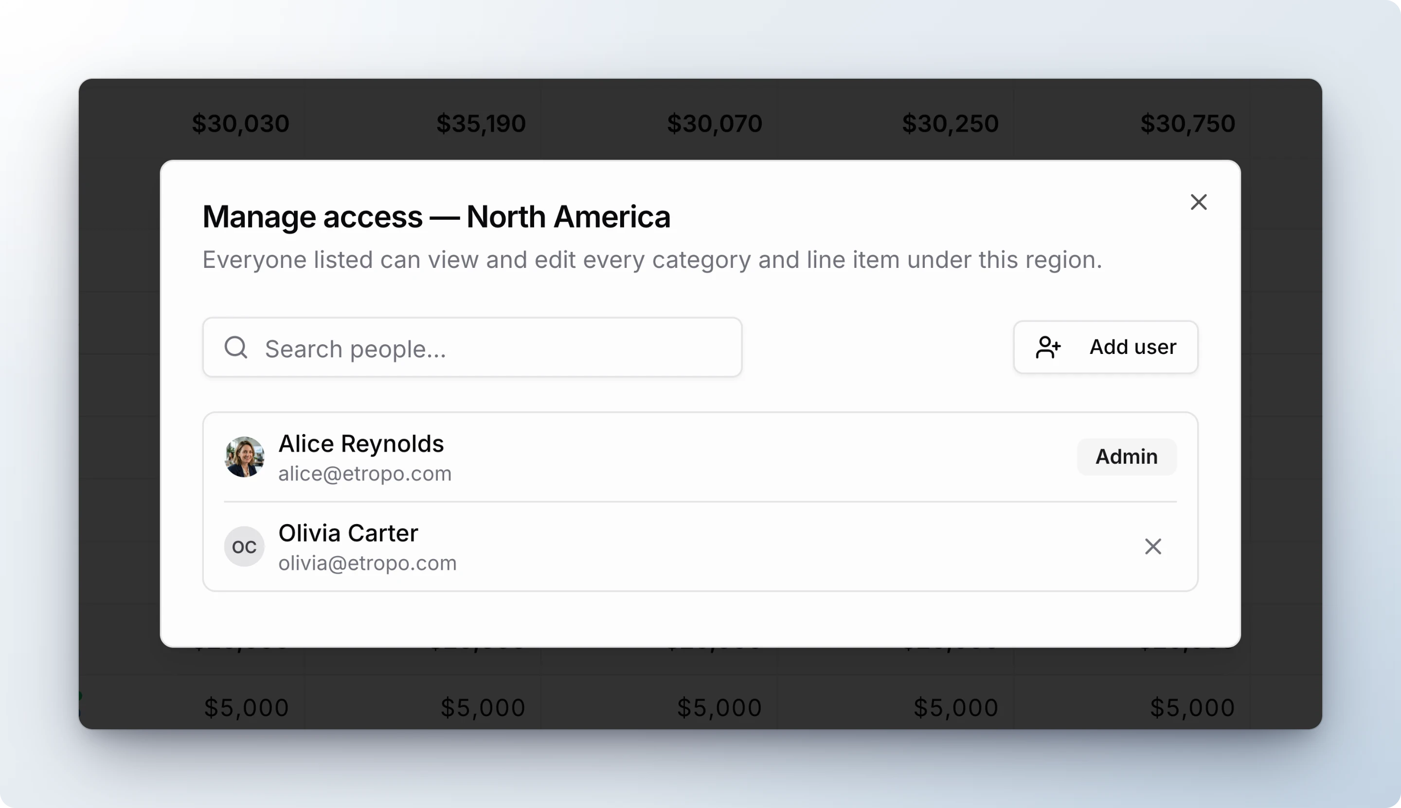 Manage access dialog for the North America region, listing the people who can view and edit every category under it