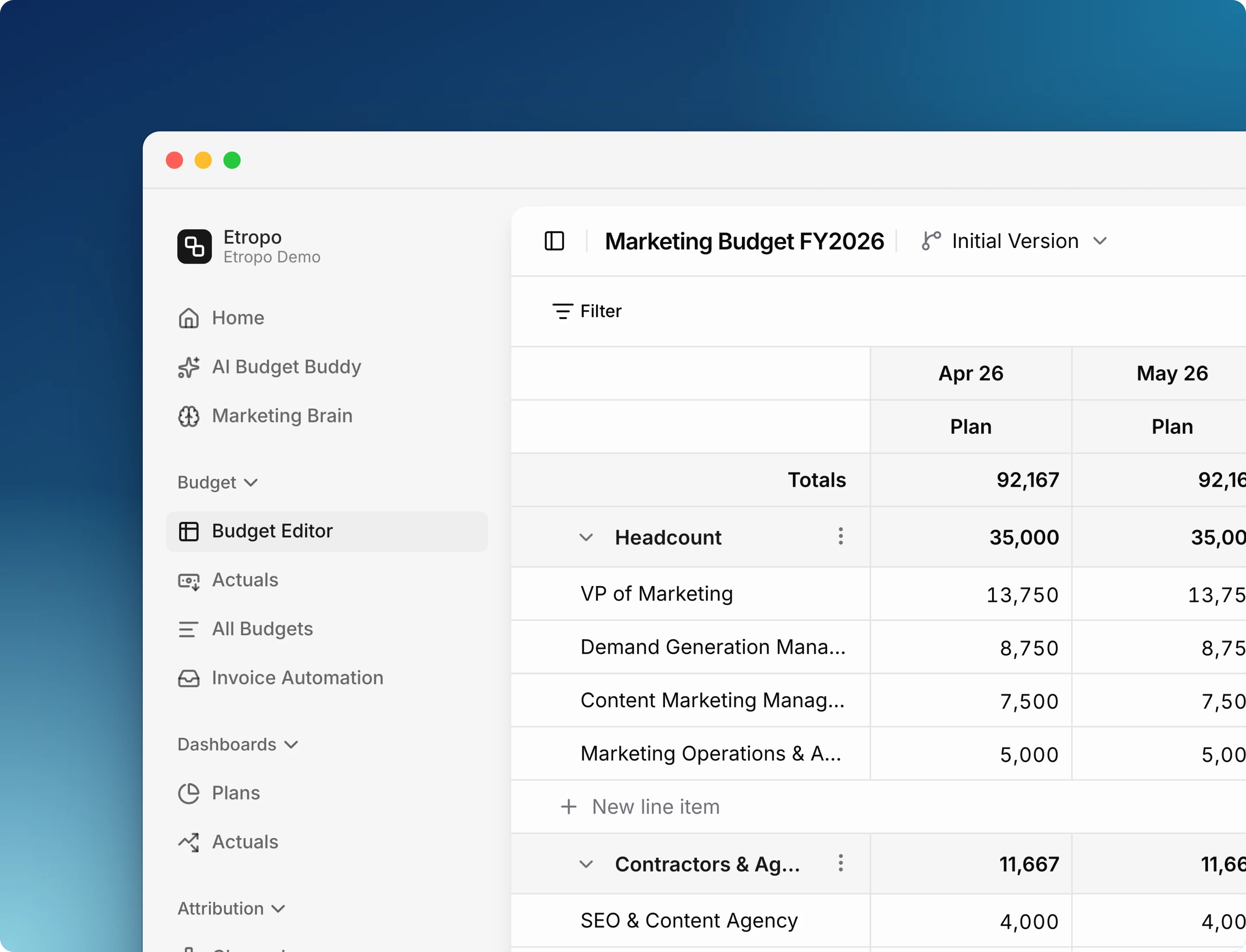 Etropo app with the sidebar navigation and the Budget Editor showing categories, line items, and monthly planned amounts