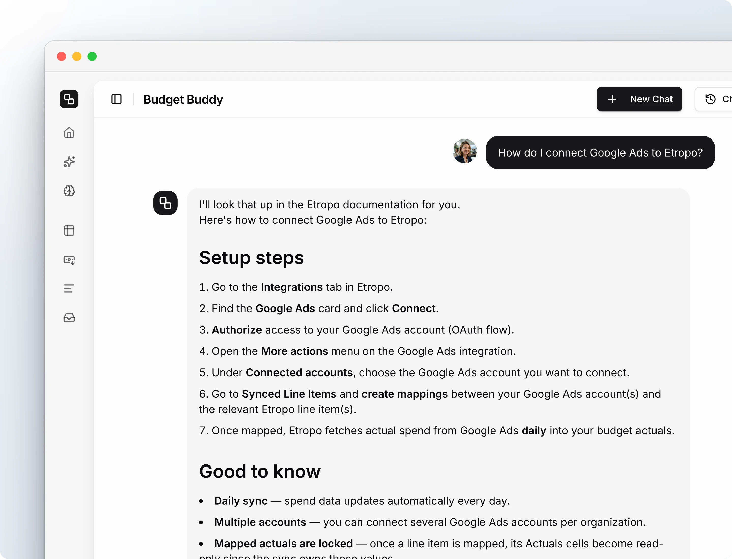 Budget Buddy answering "How do I connect Google Ads to Etropo?" with the setup steps and notes from the documentation