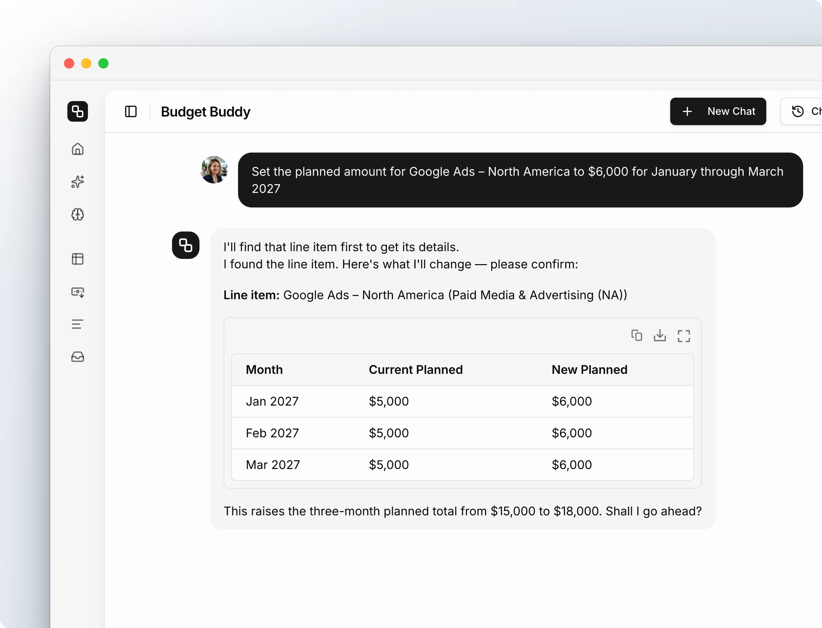 Budget Buddy showing the planned amount change for Google Ads – North America for January to March 2027 and asking for confirmation before it saves