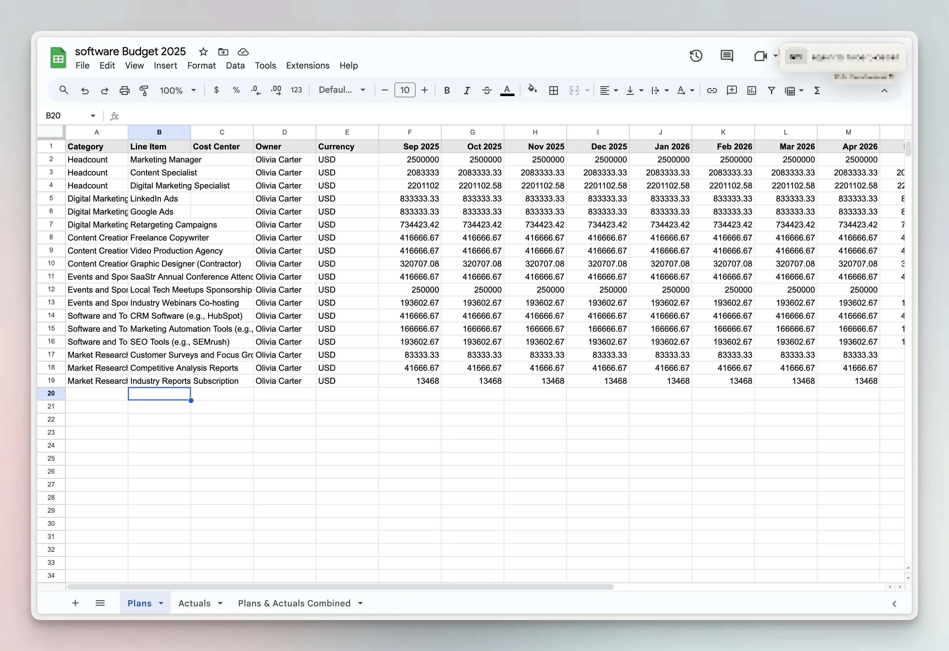 Google Sheets export with Plans, Actuals, and Combined tabs