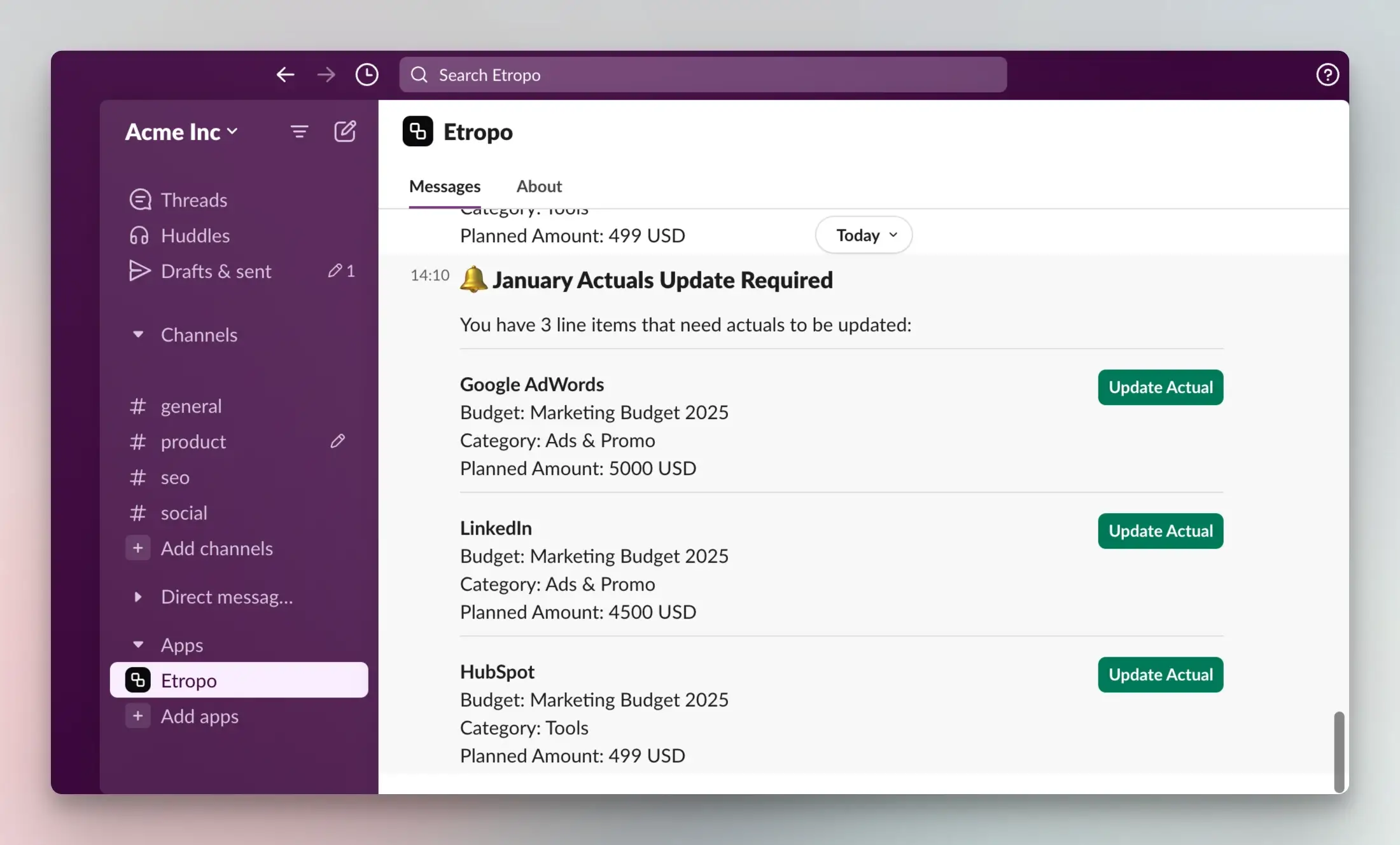 Slack monthly actuals reminders with one-click update