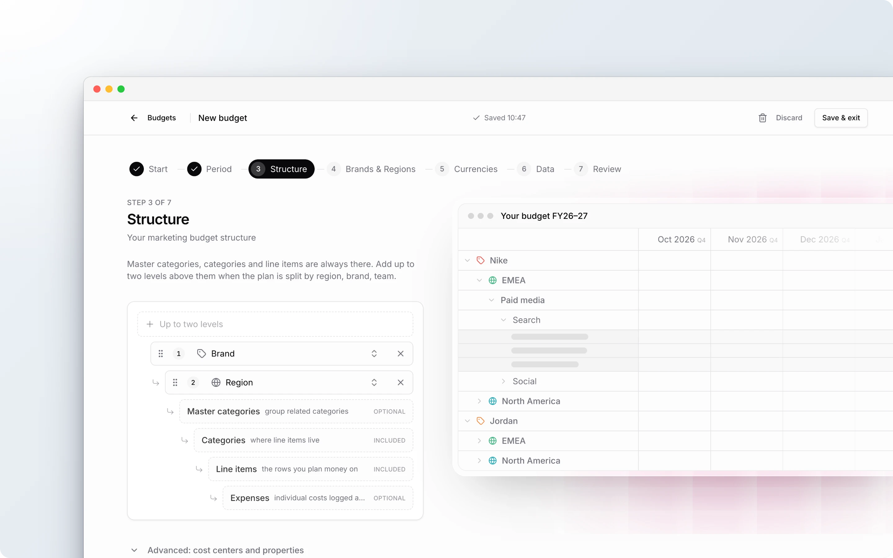 Structure step of the budget creator with the Brand and Region levels above master categories, categories, line items and expenses