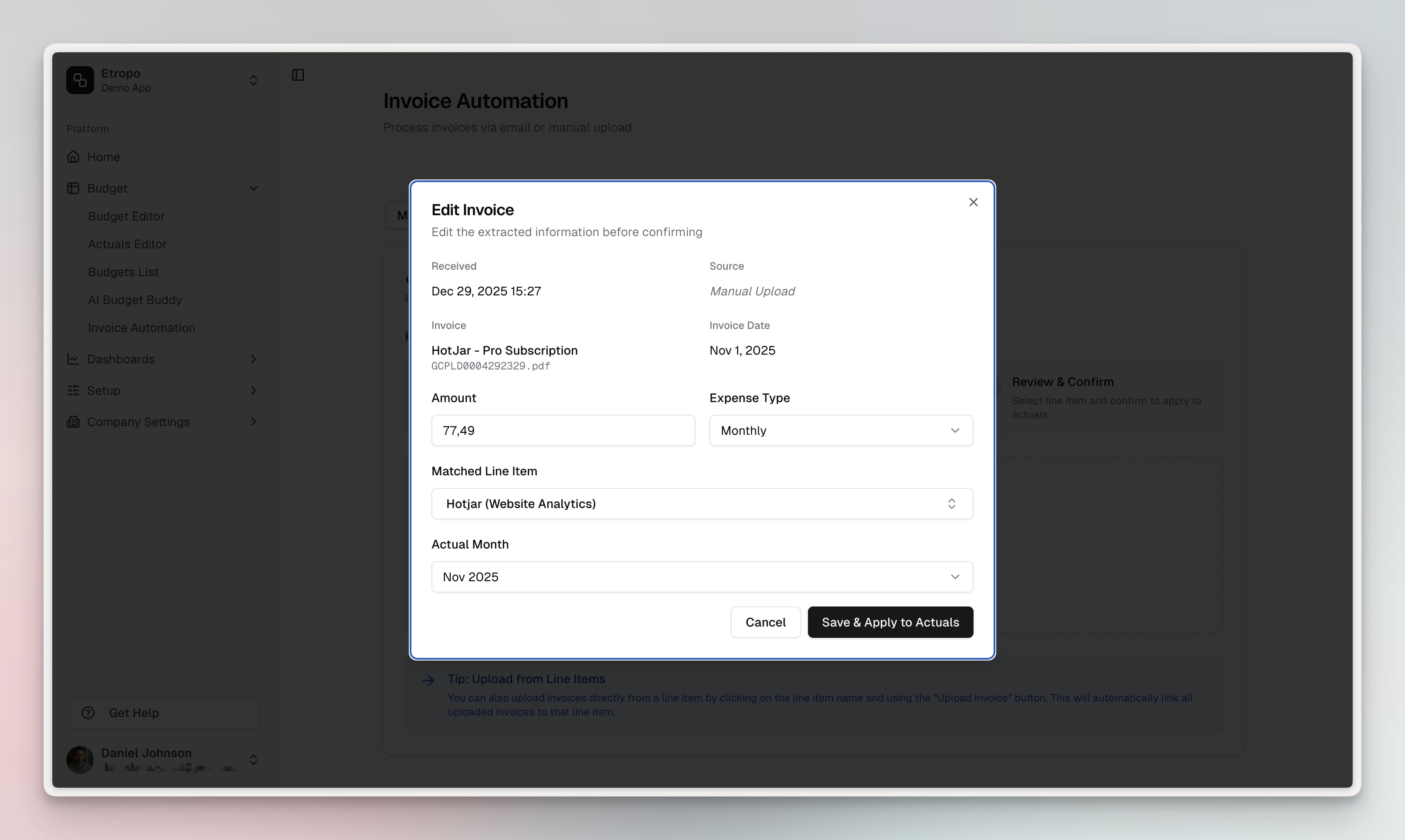 AI extracting invoice details from uploaded PDF