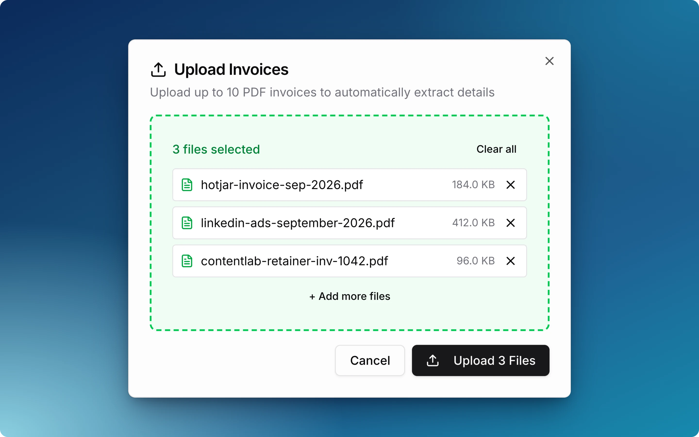 The Upload Invoices dialog with three PDF invoices selected and the Upload 3 Files button