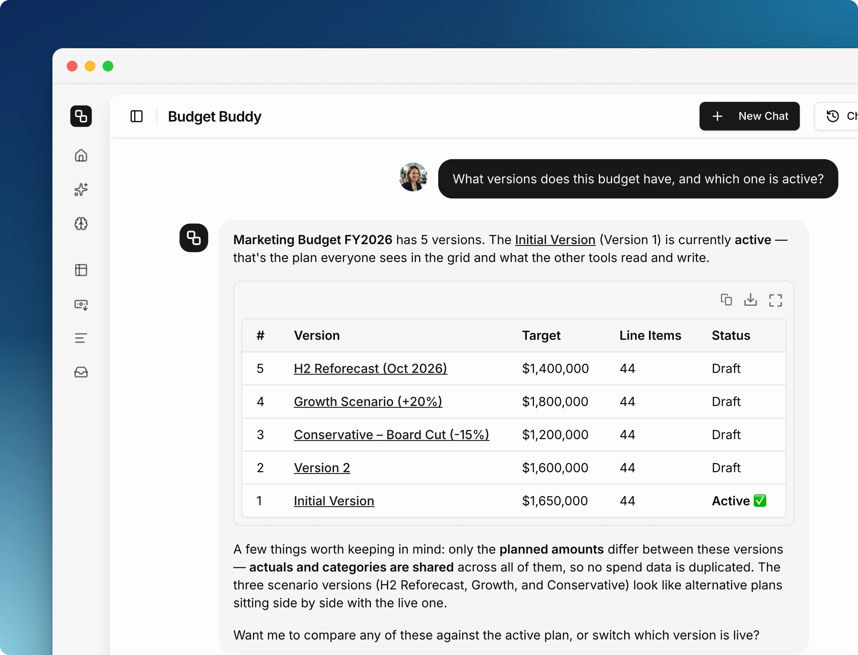 Budget Buddy listing the five versions of the FY2026 budget with target, line item count and the active flag